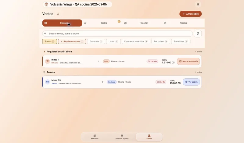 Captura real de Takofy: ventas y seguimiento de órdenes en un negocio de prueba.